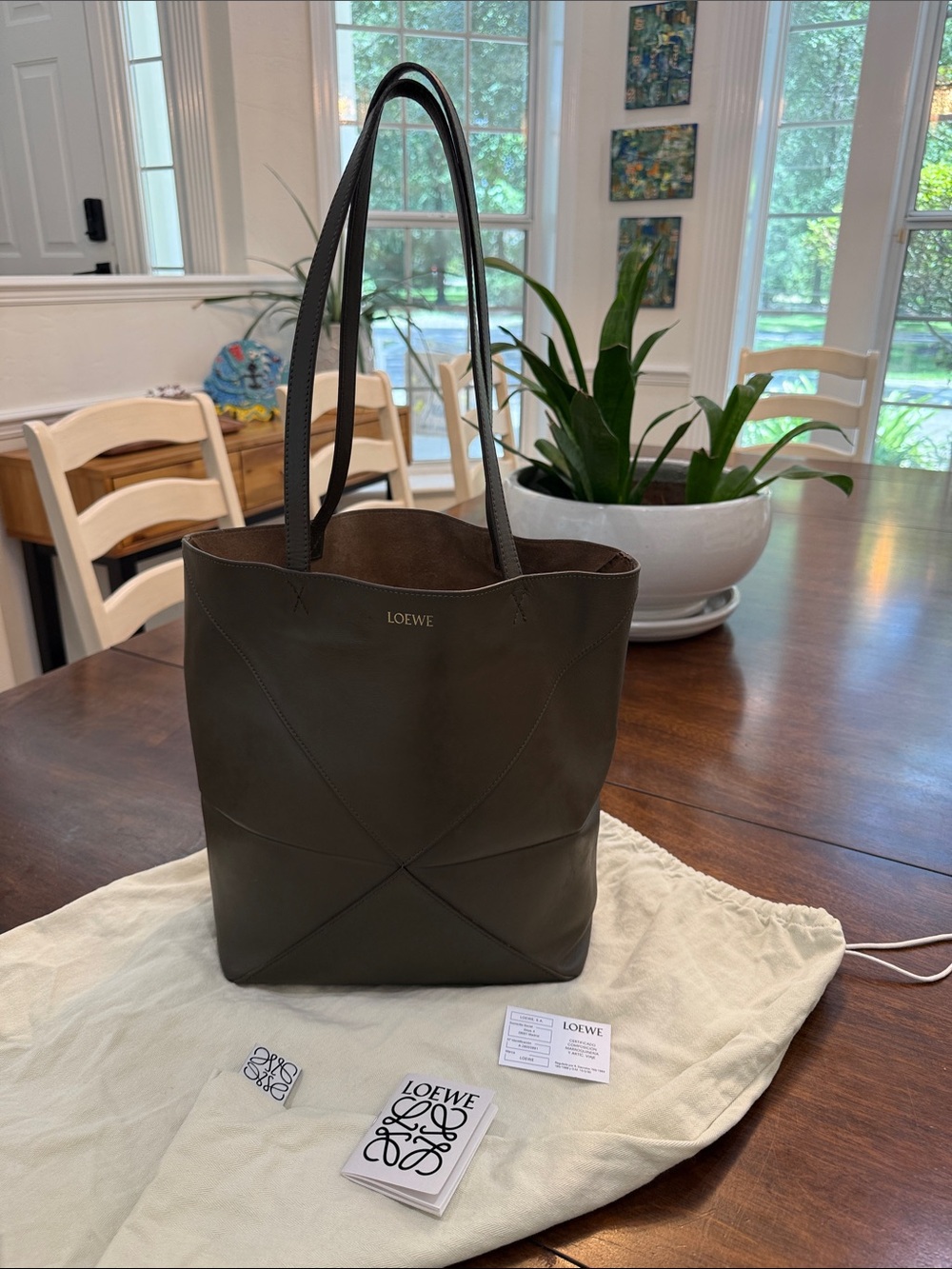 Authentic Loewe Dark Olive Leather Puzzle Tote with organizer